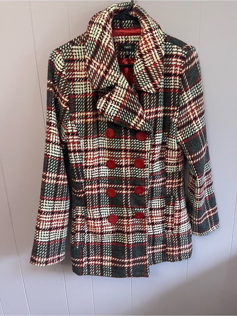 Rue21 Red Black Cream Plaid Double-Breasted Peacoat